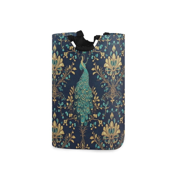 Yayeee Freestanding Laundry Hamper with Handle Collapsible Large Storage Basket for Clothes, Navy Blue Peacock Pattern