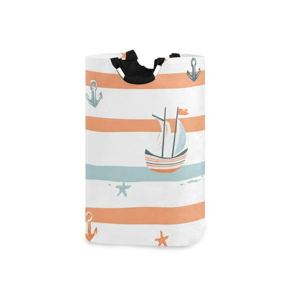Yayeee Freestanding Laundry Hamper with Handle Collapsible Large Storage Basket for Clothes, Orange Nautical Pattern