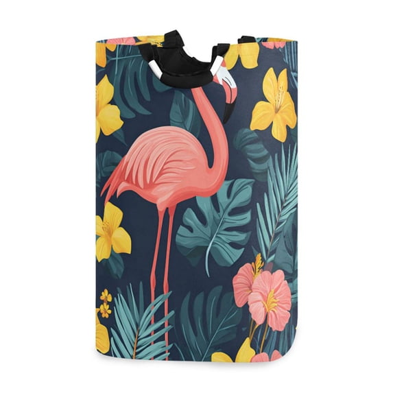 Yayeee Freestanding Laundry Hamper with Handle Collapsible Large Storage Basket for Clothes, Pink Floral Flamingo