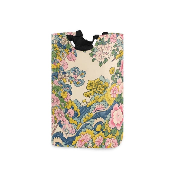 Yayeee Freestanding Laundry Hamper with Handle Collapsible Large Storage Basket for Clothes, Pink Floral Wave