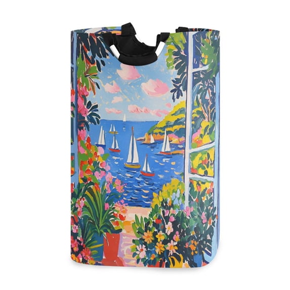 Yayeee Freestanding Laundry Hamper with Handle Collapsible Large Storage Basket for Clothes, Pink Floral Window