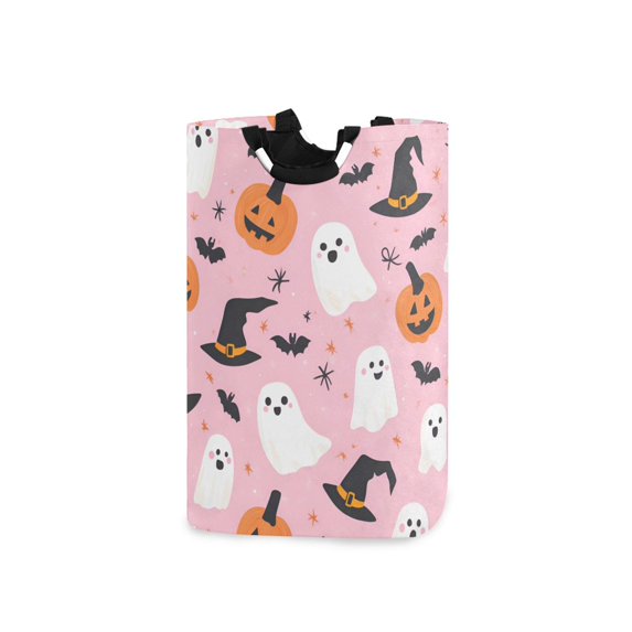 Yayeee Freestanding Laundry Hamper with Handle Collapsible Large Storage Basket for Clothes, Pink Halloween Ghosts