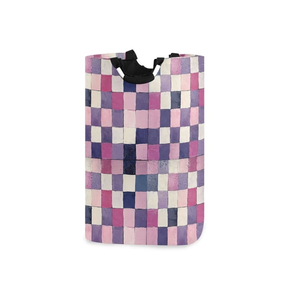 Yayeee Freestanding Laundry Hamper with Handle Collapsible Large Storage Basket for Clothes, Pink and Purple Plaid Pattern