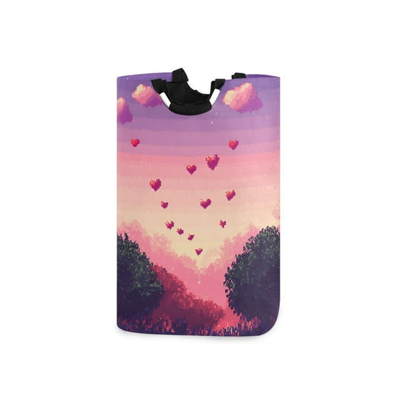 Yayeee Freestanding Laundry Hamper with Handle Collapsible Large Storage Basket for Clothes, Pixel Floating Hearts