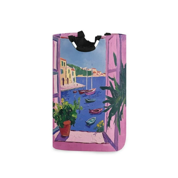 Yayeee Freestanding Laundry Hamper with Handle Collapsible Large Storage Basket for Clothes, Purple Window Scene