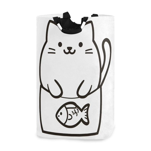 Yayeee Freestanding Laundry Hamper with Handle Collapsible Large Storage Basket for Clothes, White Chubby Cat