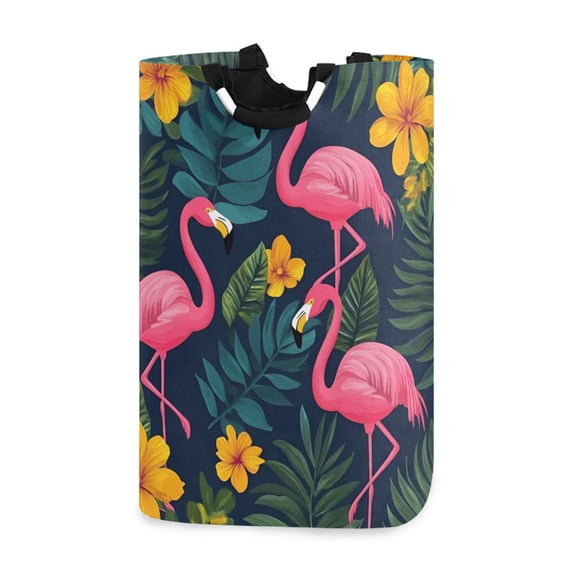 Yayeee Freestanding Laundry Hamper with Handle Collapsible Large Storage Basket for Clothes, Yellow Floral Flamingo