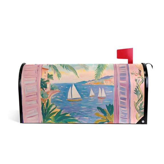 Yayeee Mailbox Cover Magnetic Standard Size Post Box Cover Wrap Decor, Pink Seaside Boat