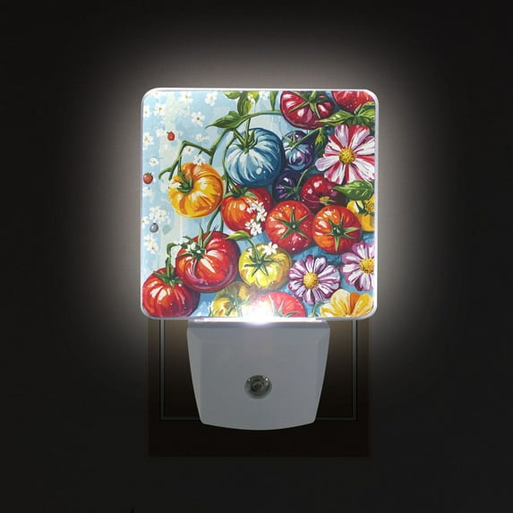 Yayeee LED Plug in Night Light for The Home with Auto Dusk to Dawn Light Sensors, 2 Pack, Blue Floral Tomatoes