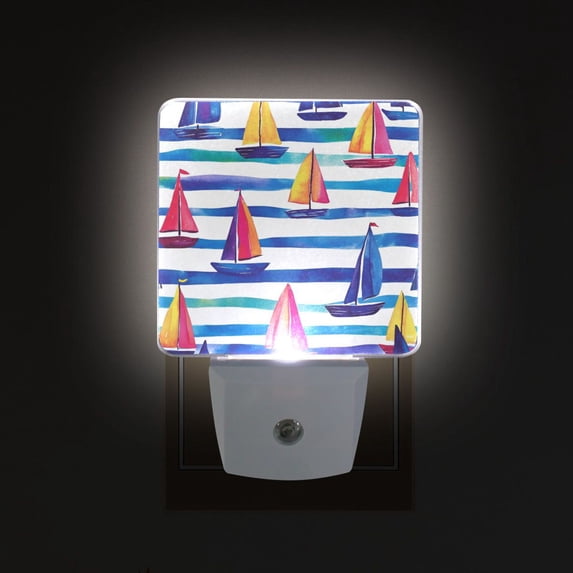 Yayeee LED Plug in Night Light for The Home with Auto Dusk to Dawn Light Sensors, 2 Pack, Blue Hand Drawn Sailboats