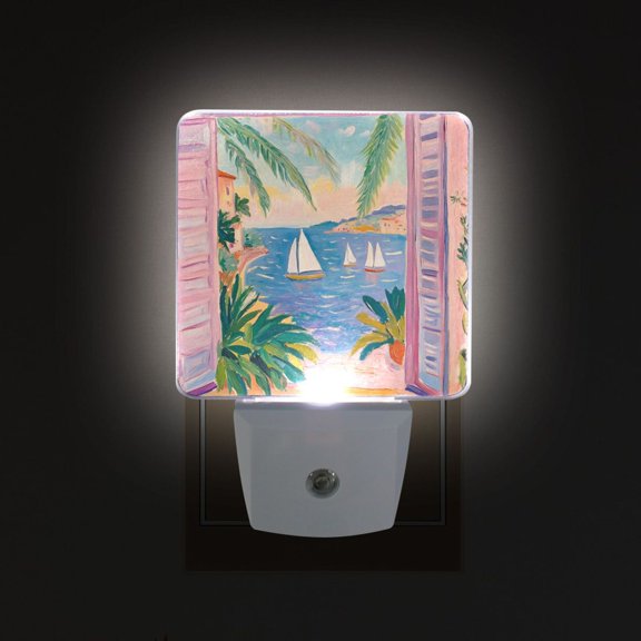 Yayeee LED Plug in Night Light for The Home with Auto Dusk to Dawn Light Sensors, 2 Pack, Pink Seaside Boat