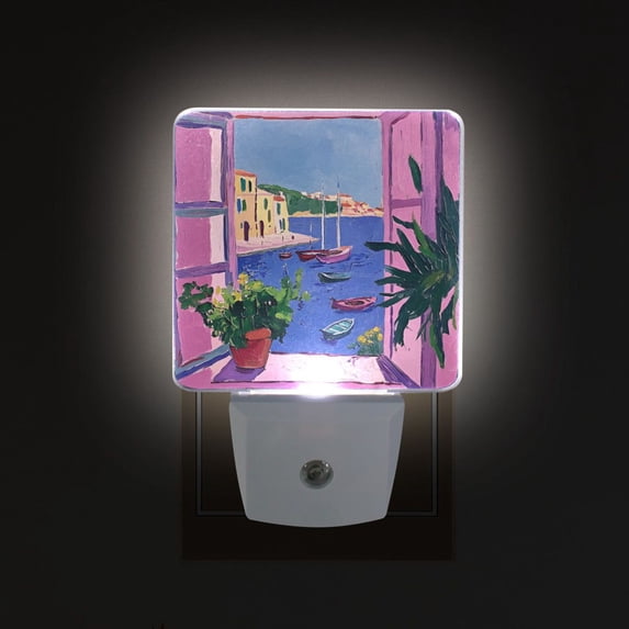 Yayeee LED Plug in Night Light for The Home with Auto Dusk to Dawn Light Sensors, 2 Pack, Purple Window Scene