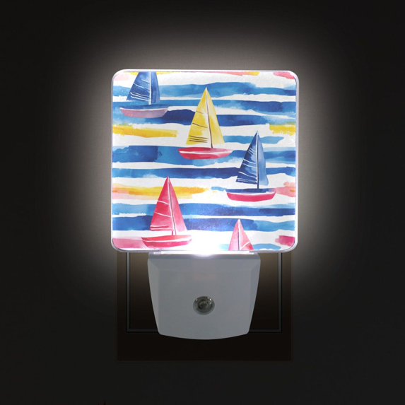 Yayeee LED Plug in Night Light for The Home with Auto Dusk to Dawn Light Sensors, 2 Pack, Red Hand Drawn Sailboats