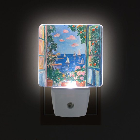 Yayeee LED Night Light for The Home Plug in With Light Sensors 2 Pack, Sea Window