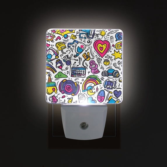 Yayeee LED Night Light for The Home Plug in With Light Sensors 2 Pack, White Doodle Pattern