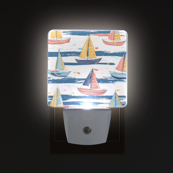 Yayeee LED Plug in Night Light for The Home with Auto Dusk to Dawn Light Sensors, 2 Pack, White Hand Drawn Sailboats
