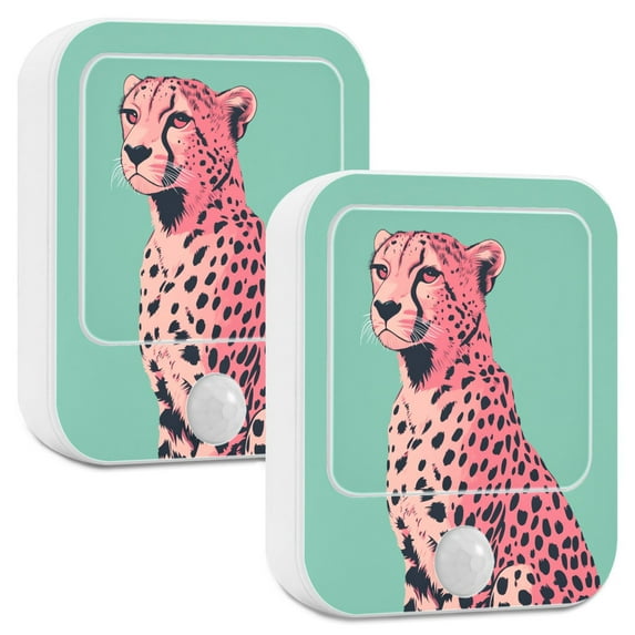Yayeee 2-Pack Plug in LED Night Lights with Light Sensors Motion Detectors, Big Pink Cheetah