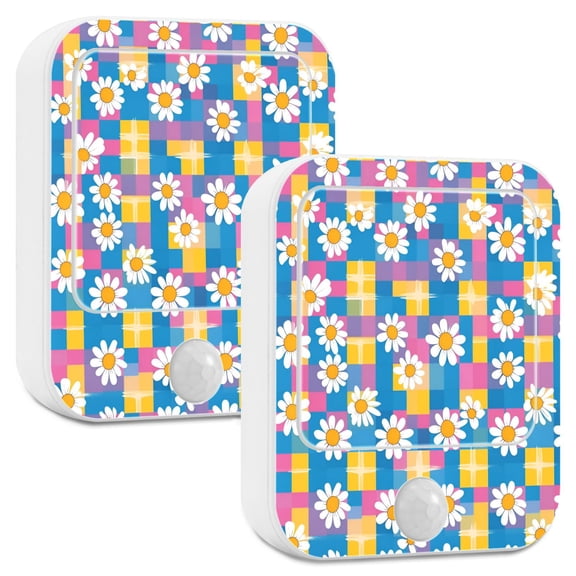 Yayeee LED Night Lights with Motion Detectors Auto Dusk to Dawn Light Sensors, 2 Pack, Blue Checkered Daisy