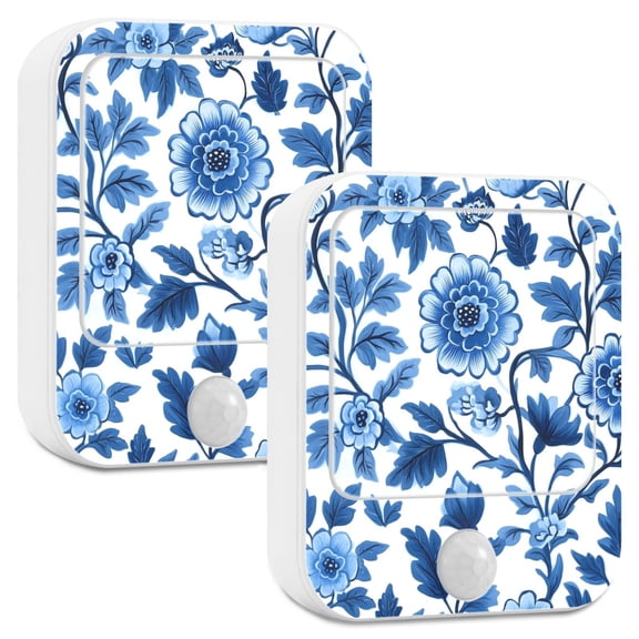 Yayeee 2-Pack Plug in LED Night Lights with Light Sensors Motion Detectors, Blue Floral Pattern