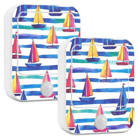 Yayeee LED Night Lights with Motion Detectors Auto Dusk to Dawn Light Sensors, 2 Pack, Blue Hand Drawn Sailboats