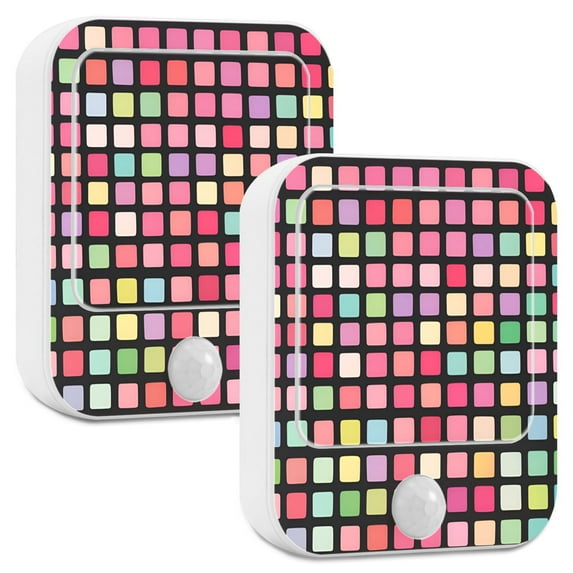 Yayeee 2-Pack Plug in LED Night Lights with Light Sensors Motion Detectors, Colorful Block Pattern