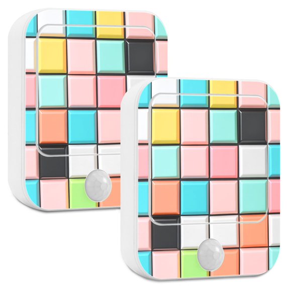 Yayeee 2-Pack Plug in LED Night Lights with Light Sensors Motion Detectors, Colorful Checkered Pattern
