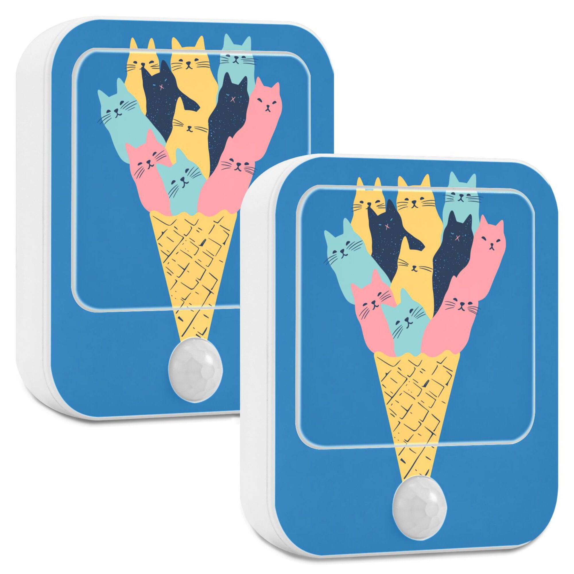 Yayeee LED Night Lights with Motion Detectors Auto Dusk to Dawn Light Sensors, 2 Pack, Colorful Ice Cream Cat
