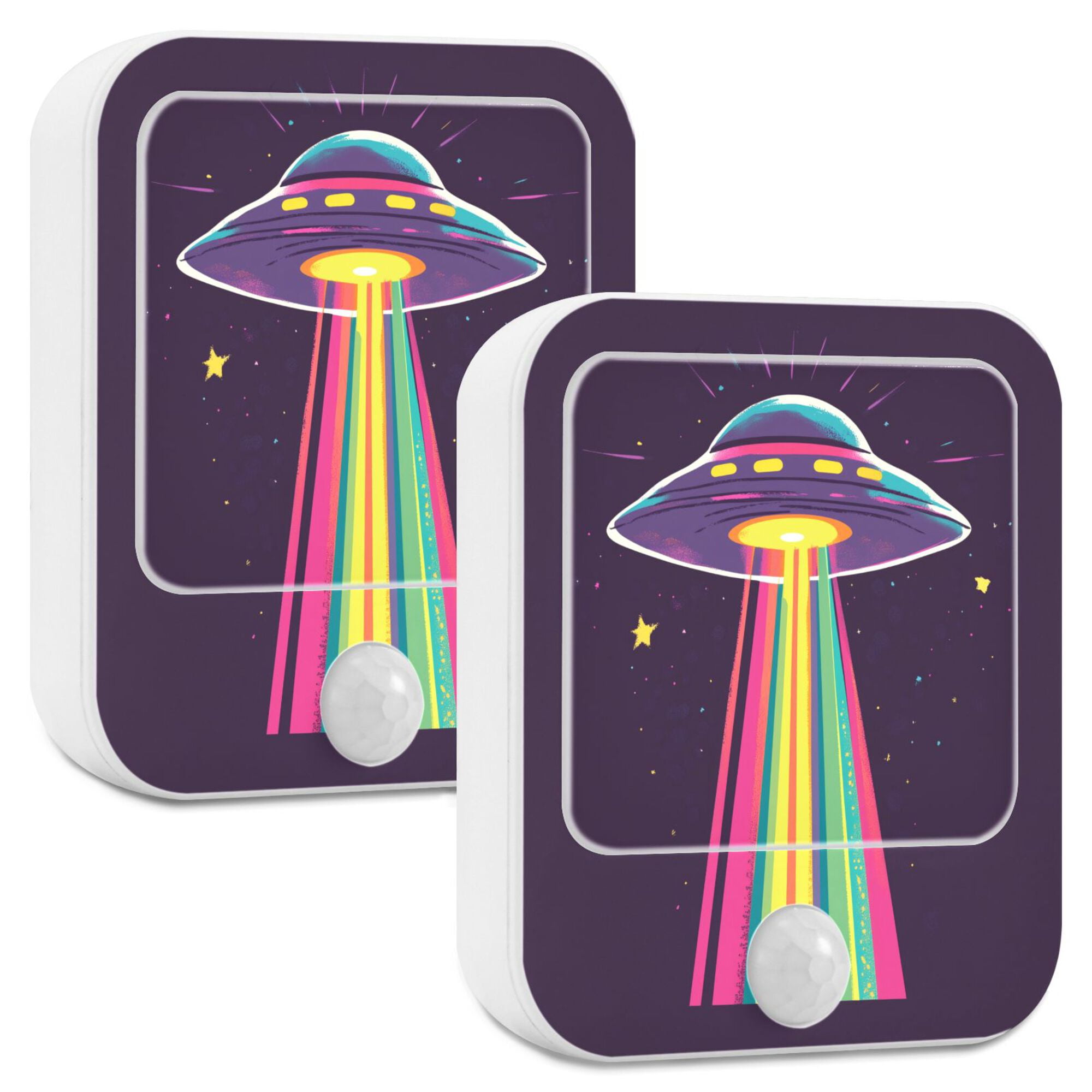 Yayeee LED Night Lights with Motion Detectors Auto Dusk to Dawn Light Sensors, 2 Pack, Colorful UFO