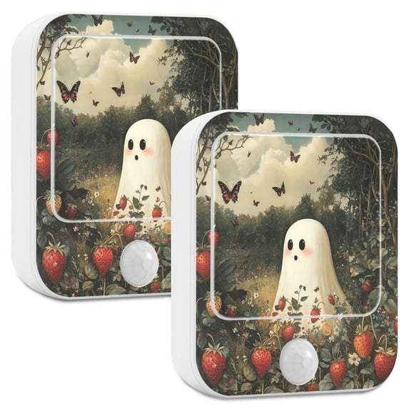 Yayeee LED Night Lights with Motion Detectors Auto Dusk to Dawn Light Sensors, 2 Pack, Ghost in Strawberry Fields