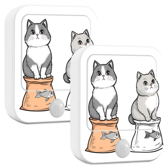 Yayeee LED Night Lights with Motion Detectors Auto Dusk to Dawn Light Sensors, 2 Pack, Gray Cute Chubby Cat