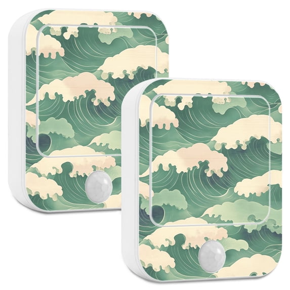 Yayeee LED Night Lights with Motion Detectors Auto Dusk to Dawn Light Sensors, 2 Pack, Green Wave Pattern