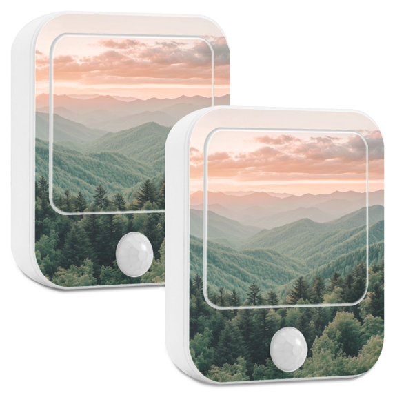 Yayeee LED Night Lights with Motion Detectors Auto Dusk to Dawn Light Sensors, 2 Pack, Mountains at Dawn