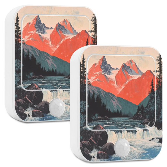 Yayeee 2-Pack Plug in LED Night Lights with Light Sensors Motion Detectors, Mountains at Dawn