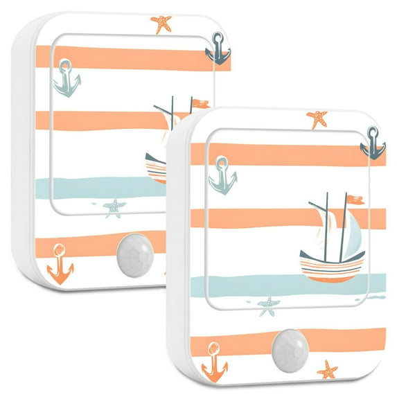 Yayeee 2-Pack Plug in LED Night Lights with Light Sensors Motion Detectors, Orange Nautical Pattern
