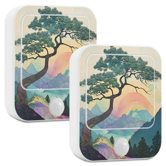 Yayeee 2-Pack Plug in LED Night Lights with Light Sensors Motion Detectors, Pine Tree Rainbow