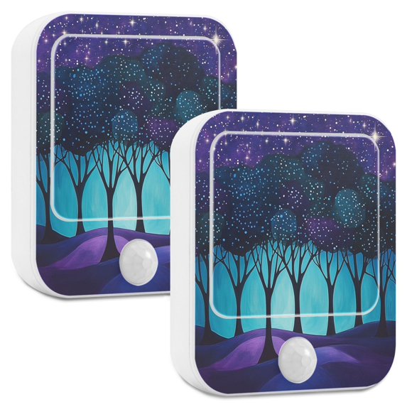 Yayeee 2-Pack Plug in LED Night Lights with Light Sensors Motion Detectors, Purple Moonlight Forest
