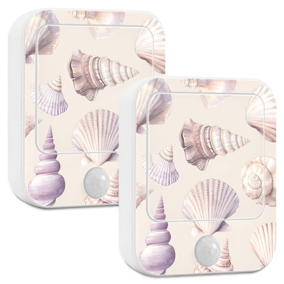 Yayeee 2-Pack Plug in LED Night Lights with Light Sensors Motion Detectors, Purple Watercolor Seashells