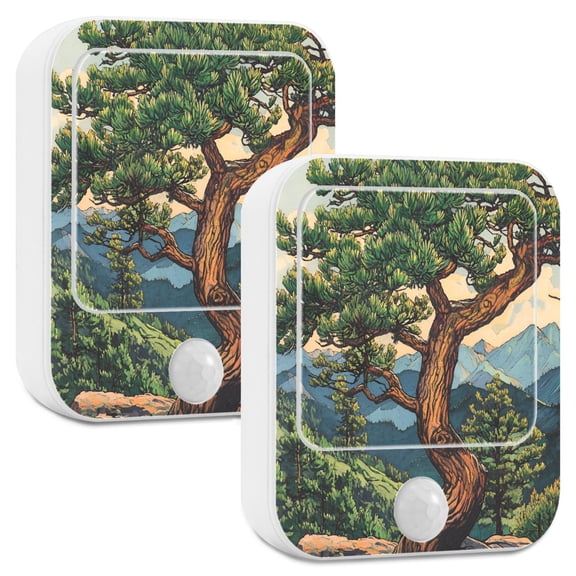 Yayeee 2-Pack Plug in LED Night Lights with Light Sensors Motion Detectors, Retro Pine Tree