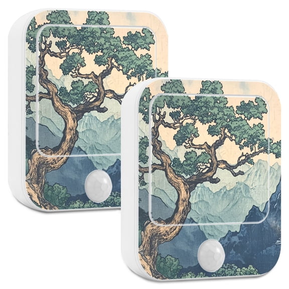 Yayeee LED Night Lights with Motion Detectors Auto Dusk to Dawn Light Sensors, 2 Pack, Tree in The Mountains