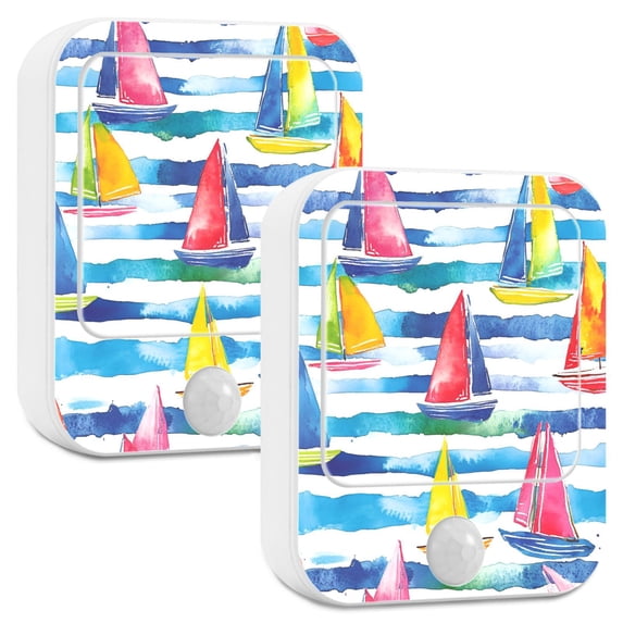 Yayeee LED Night Lights with Motion Detectors Auto Dusk to Dawn Light Sensors, 2 Pack, Yellow Hand Drawn Sailboats