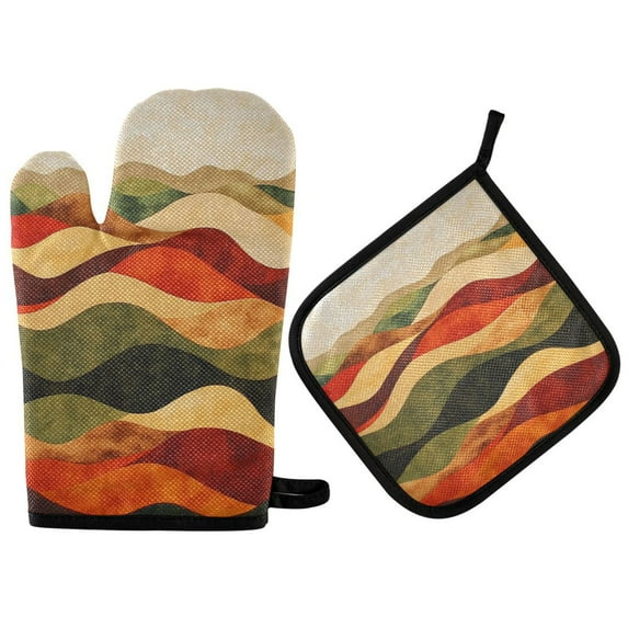 Yayeee Oven Mitts and Pot Holder Set of 2 Heat Resistant Kitchen Gloves Baking Hot Pad, Abstract Desert Pattern
