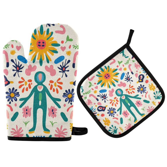 Yayeee Oven Mitts and Pot Holder Set of 2 Heat Resistant Kitchen Gloves Baking Hot Pad, Abstract Floral