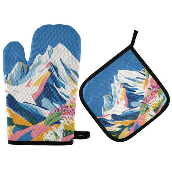 Yayeee Oven Mitts and Pot Holder Set of 2 Heat Resistant Kitchen Gloves Baking Hot Pad, Abstract Snow Mountain