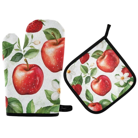 Yayeee Oven Mitts and Pot Holder Set of 2 Heat Resistant Kitchen Gloves Baking Hot Pad, Apple Pattern