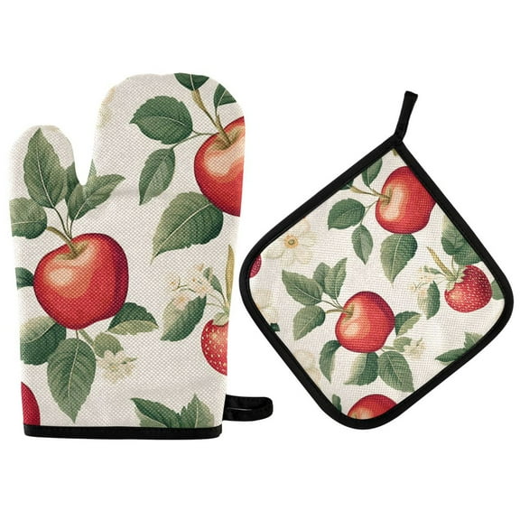 Yayeee Oven Mitts and Pot Holder Set of 2 Heat Resistant Kitchen Gloves Baking Hot Pad, Apples Flower Pattern