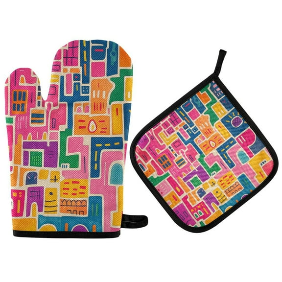 Yayeee Oven Mitts and Pot Holder Set of 2 Heat Resistant Kitchen Gloves Baking Hot Pad, Art Map