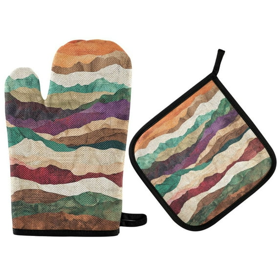 Yayeee Oven Mitts and Pot Holder Set of 2 Heat Resistant Kitchen Gloves Baking Hot Pad, Artistic Desert Waves