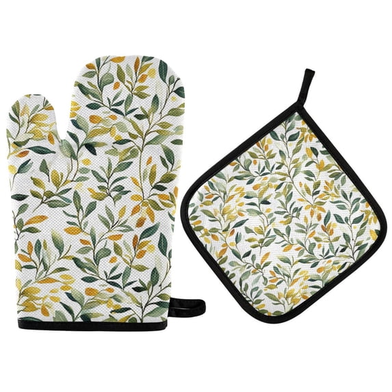 Yayeee Oven Mitts and Pot Holder Set of 2 Heat Resistant Kitchen Gloves Baking Hot Pad, Autumn Greenery