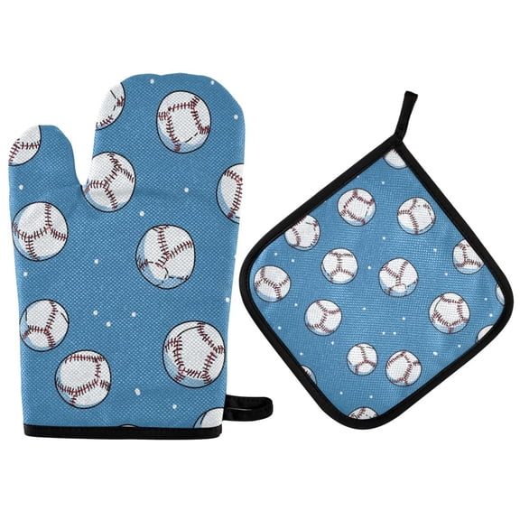 Yayeee Oven Mitts and Pot Holder Set of 2 Heat Resistant Kitchen Gloves Baking Hot Pad, Baseballs Pattern