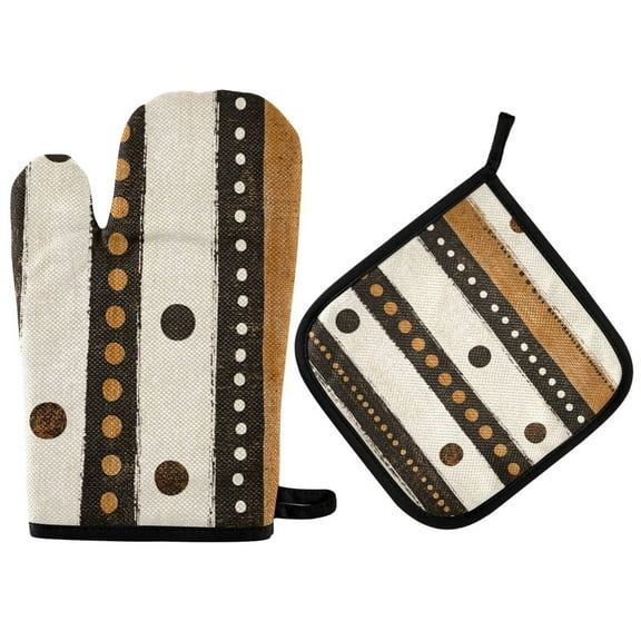 Yayeee Oven Mitts and Pot Holder Set of 2 Heat Resistant Kitchen Gloves Baking Hot Pad, Beige Abstract Dots